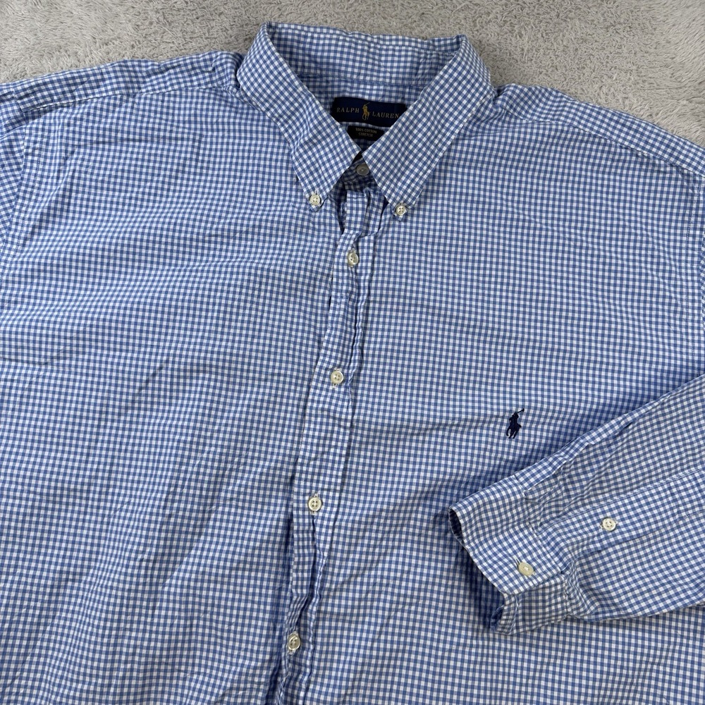 Polo Ralph Lauren Shirt Mens 4XLT Blue Gingham Button Down Pony Cotton Stretch